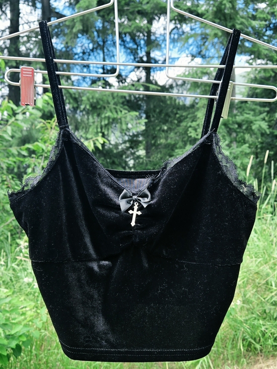 ROMWE Tops - Black Velvet Lace Trim Goth Cami Crop Top with Cross Charm